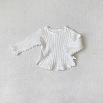 長袖Tシャツ White / 66cm リブ編み長袖Tシャツ シンプルデザイン コットンキッズトップス【mh0010897】