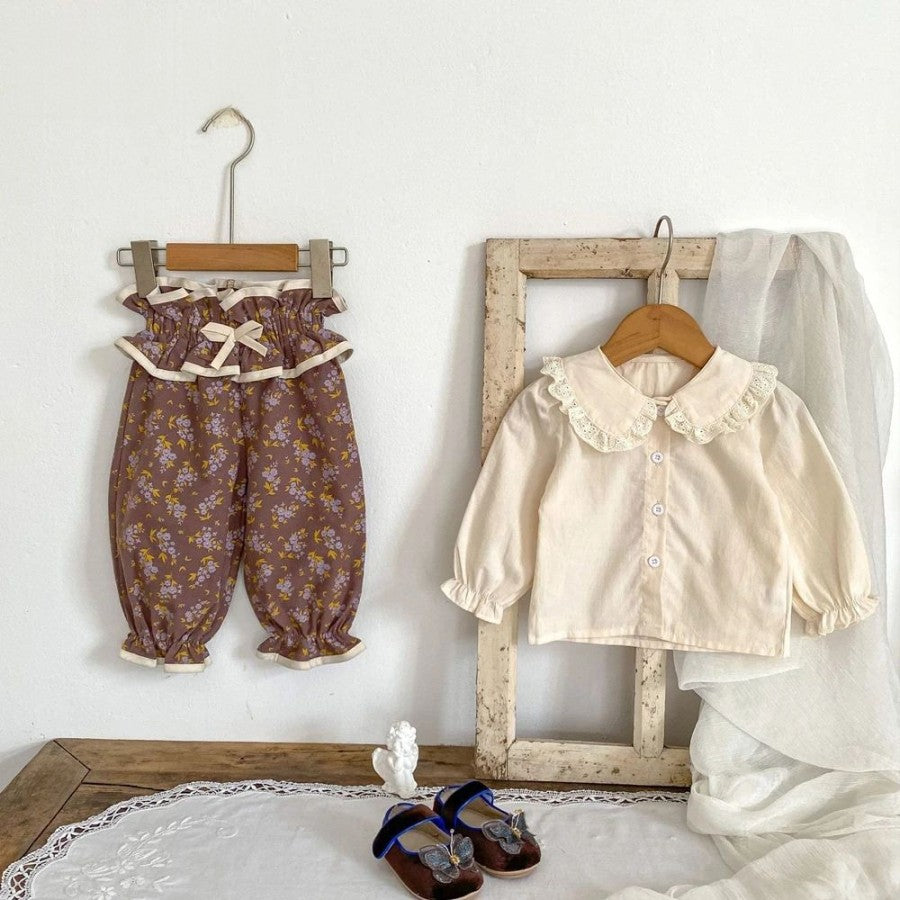 -ベビートップス/パンツ フリル襟長袖ブラウス/フリルウエストフラワープリントロングパフパンツ【mh0006988】 - mamahalo shop - 長袖セットアップ -  べビー服 - 子供服 - 男の子 - 女の子