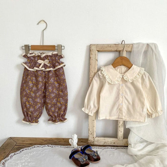 -ベビートップス/パンツ フリル襟長袖ブラウス/フリルウエストフラワープリントロングパフパンツ【mh0006988】 - mamahalo shop - 長袖セットアップ -  べビー服 - 子供服 - 男の子 - 女の子