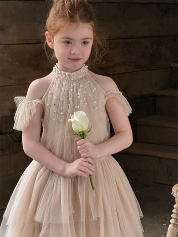 Beaded Rhinestone Halterneck Dress ビジュー ホルターネック チュールワンピース【mh0012414】 90cm / pale pinkish gray mamahalo shop