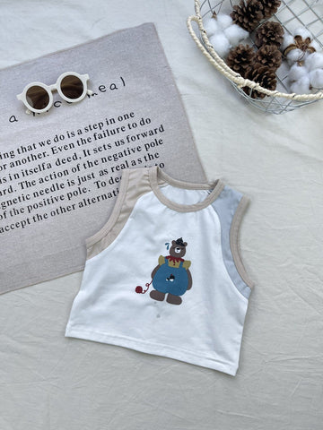 Bear Contrast Graphic Vest Set クマ ノースリーブTシャツ ショートパンツセット【mh0012922】 yi nian ni ノースリーブセットアップ