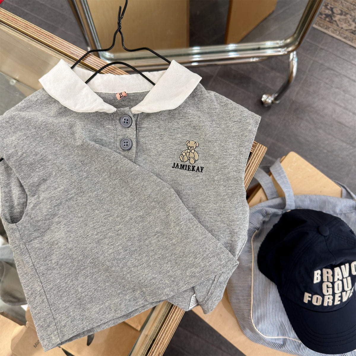 Bear Embroidery Short Sleeve Polo Shirt クマ 刺繍 ポロシャツ【mh0012666】 Gray / 80cm ADbaby 半袖シャツ・ブラウス
