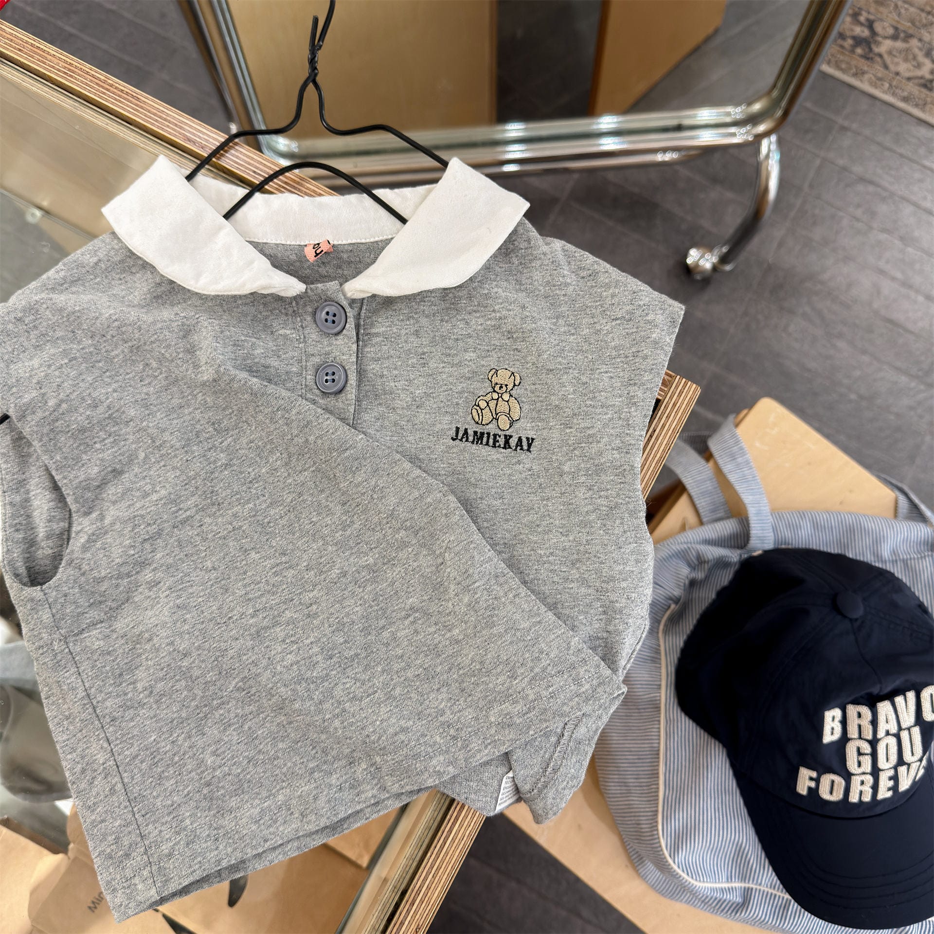 Bear Embroidery Short Sleeve Polo Shirt クマ 刺繍 ポロシャツ【mh0012666】 Gray / 80cm ADbaby 半袖シャツ・ブラウス