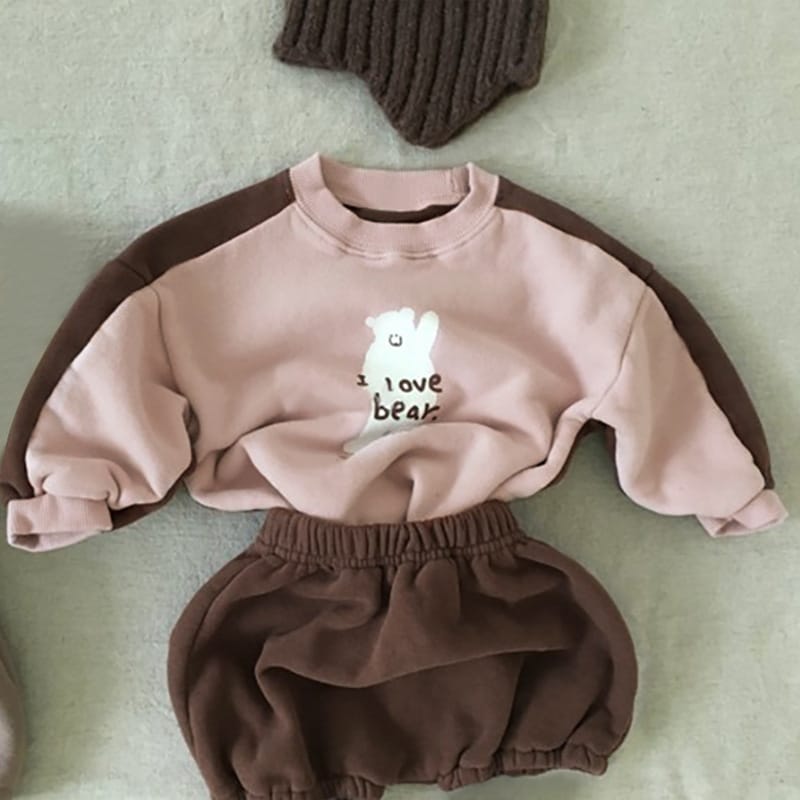 Bear Fleece Sweatshirt & Shorts Set クマ プリント 裏起毛 セットアップ【mh0012681】 Light Pink / 66cm BBAMMA 長袖セットアップ