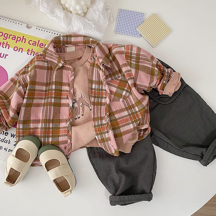 Bear Graphic Plaid Flannel Shirt クマ プリント チェック柄 シャツ【mh0012679】 BBAMMA 長袖シャツ・ブラウス