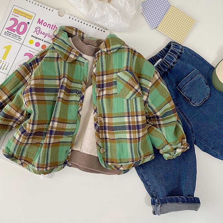 Bear Graphic Plaid Flannel Shirt クマ プリント チェック柄 シャツ【mh0012679】 BBAMMA 長袖シャツ・ブラウス