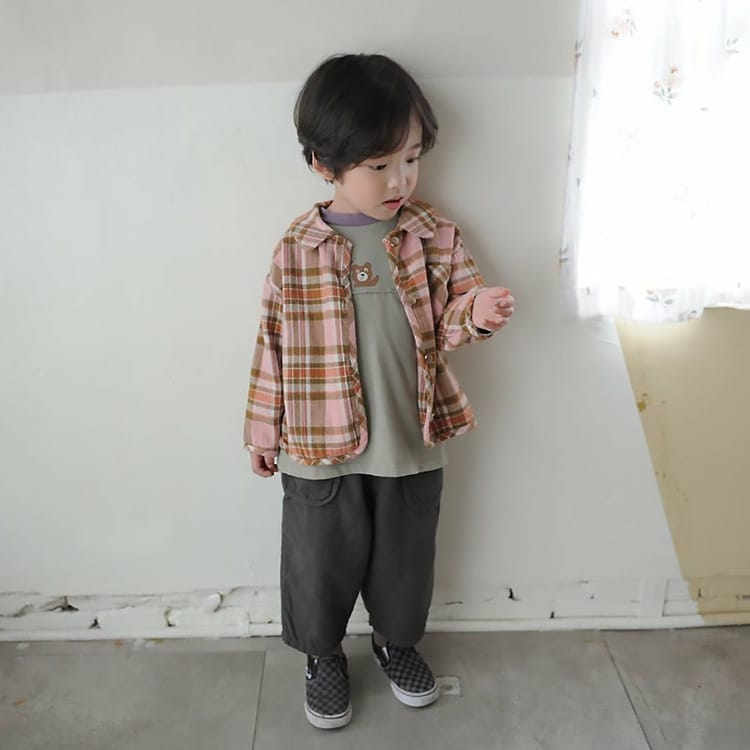 Bear Graphic Plaid Flannel Shirt クマ プリント チェック柄 シャツ【mh0012679】 BBAMMA 長袖シャツ・ブラウス