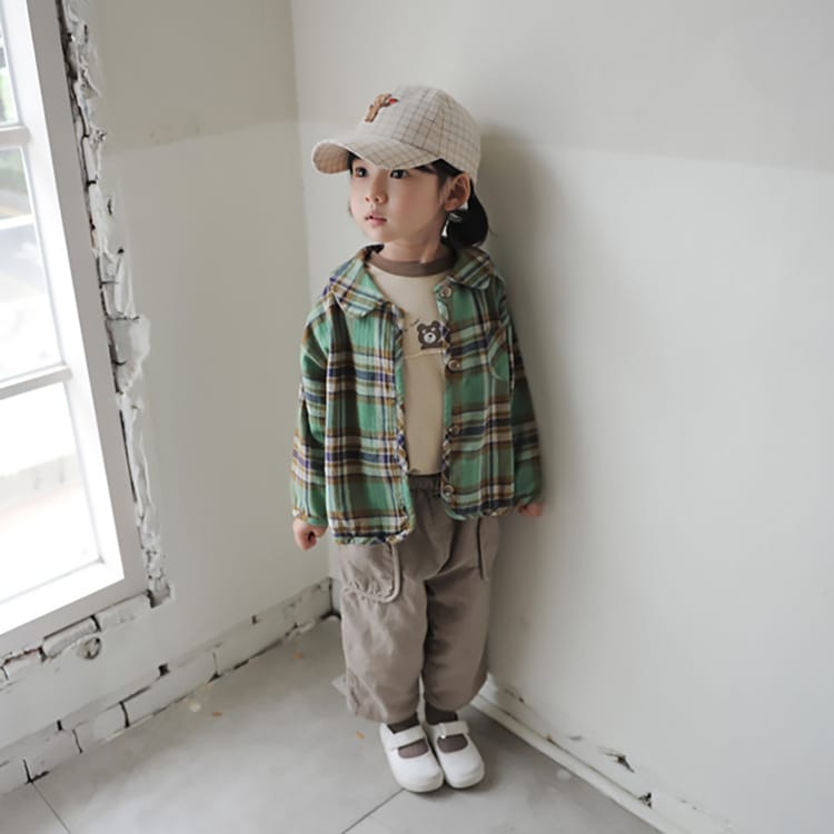 Bear Graphic Plaid Flannel Shirt クマ プリント チェック柄 シャツ【mh0012679】 BBAMMA 長袖シャツ・ブラウス