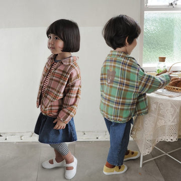 Bear Graphic Plaid Flannel Shirt クマ プリント チェック柄 シャツ【mh0012679】 BBAMMA 長袖シャツ・ブラウス