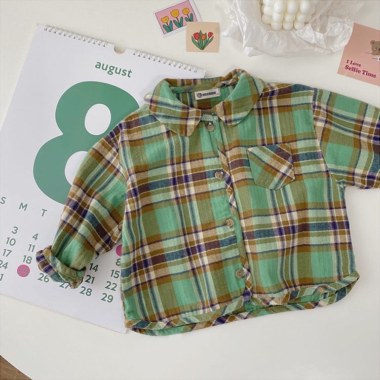 Bear Graphic Plaid Flannel Shirt クマ プリント チェック柄 シャツ【mh0012679】 Green / 120cm BBAMMA 長袖シャツ・ブラウス