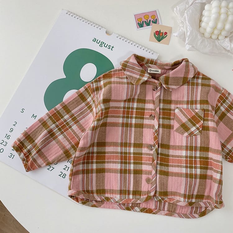 Bear Graphic Plaid Flannel Shirt クマ プリント チェック柄 シャツ【mh0012679】 Pink / 120cm BBAMMA 長袖シャツ・ブラウス