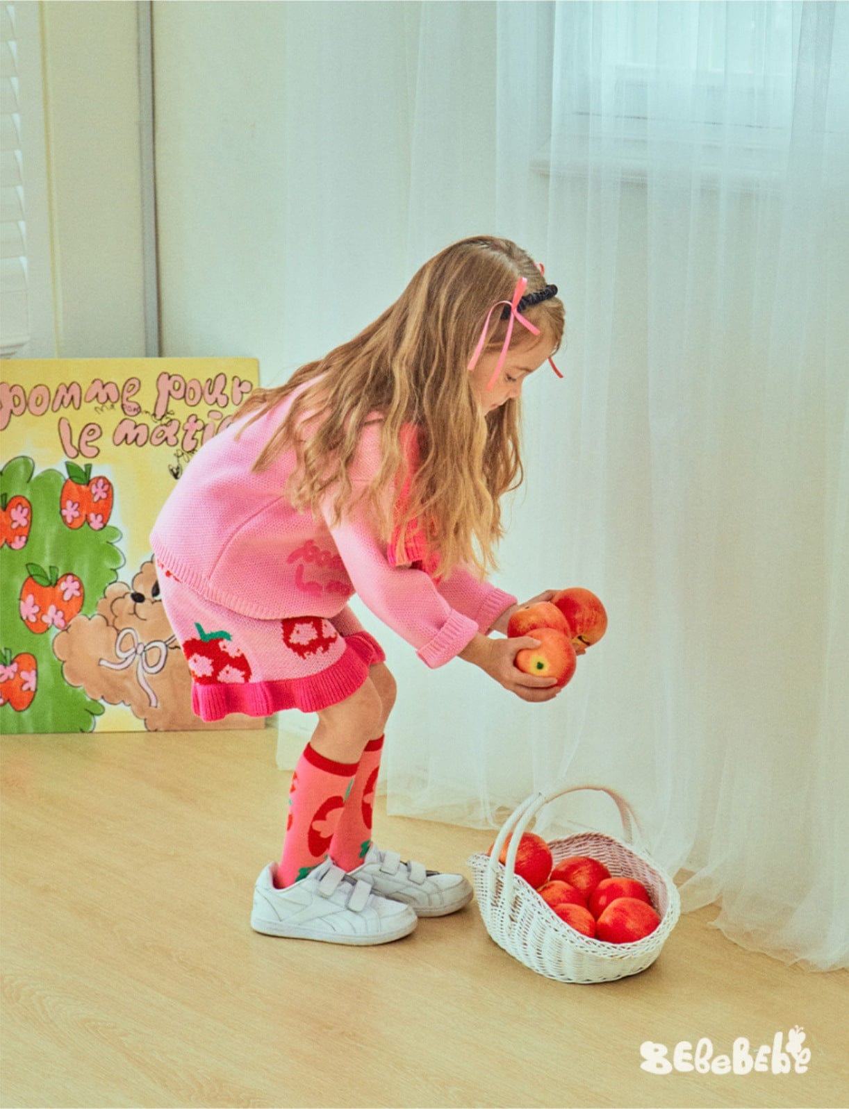 長袖セットアップ りんご柄スウェットシャツ+ジョガーパンツセットアップ 2点セット【mh0010977】