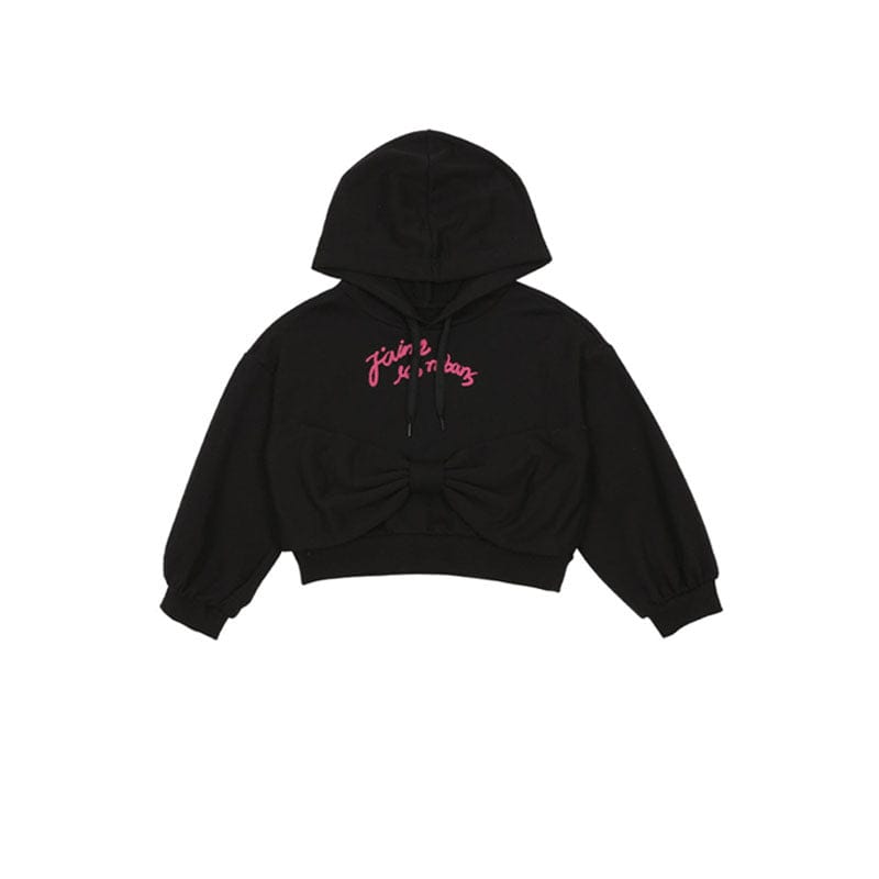 長袖ワンピース Black bow hooded sweatshirt / 90cm リボン柄長袖ワンピース/リボン柄クロップドパーカー/リボン柄スウェット/フリル付きミニスカート/ワイドパンツ【mh0010982】