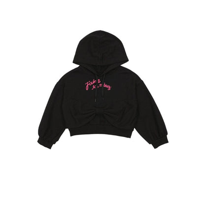 長袖ワンピース Black bow hooded sweatshirt / 90cm リボン柄長袖ワンピース/リボン柄クロップドパーカー/リボン柄スウェット/フリル付きミニスカート/ワイドパンツ【mh0010982】