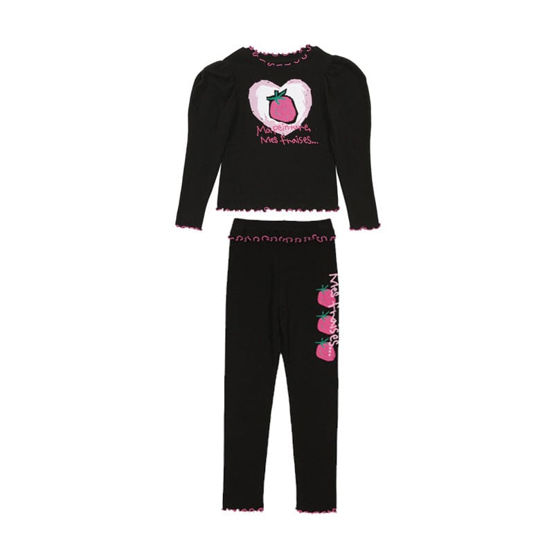 ロングコート Black puff sleeve love strawberry base set / 90cm ストロベリー柄リバーシブルコート/フリルワンピース/フリルレギンスセットアップ【mh0010987】