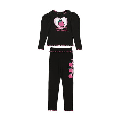 ロングコート Black puff sleeve love strawberry base set / 90cm ストロベリー柄リバーシブルコート/フリルワンピース/フリルレギンスセットアップ【mh0010987】