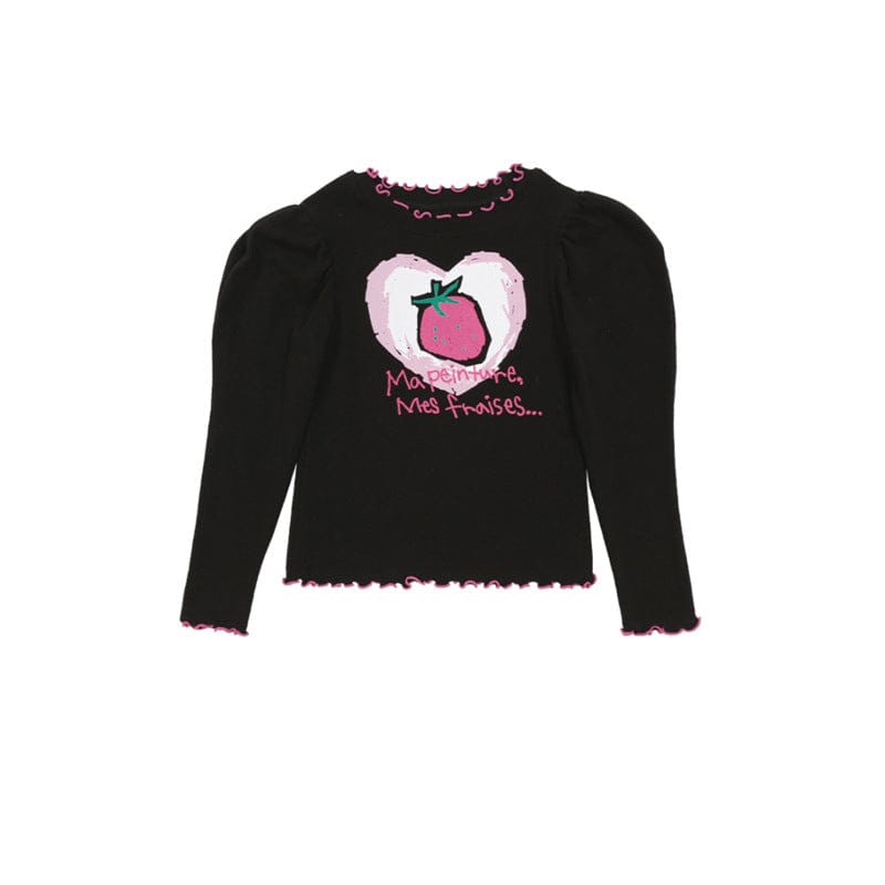 ノースリーブワンピース Black puff sleeve love strawberry base shirt / 90cm いちごプリント長袖トップス/フリルレギンス/フリルワンピース/ノースリーブプリーツワンピース【mh0010988】