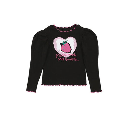 ノースリーブワンピース Black puff sleeve love strawberry base shirt / 90cm いちごプリント長袖トップス/フリルレギンス/フリルワンピース/ノースリーブプリーツワンピース【mh0010988】