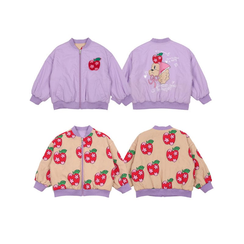 ショートコート・ジャケット・ジャンパー light purple print reversible cotton jacket / 90cm りんご柄リバーシブルブルゾン/くまプリントスウェットシャツ/プリーツスカート【mh0010979】