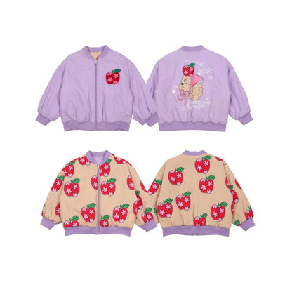 ショートコート・ジャケット・ジャンパー light purple print reversible cotton jacket / 90cm りんご柄リバーシブルブルゾン/くまプリントスウェットシャツ/プリーツスカート【mh0010979】