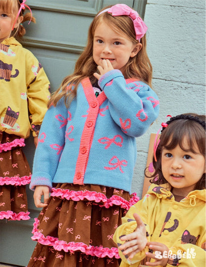 カーディガン・パーカー ニットリボン柄カーディガン/フリルティアードスカート【mh0010976】