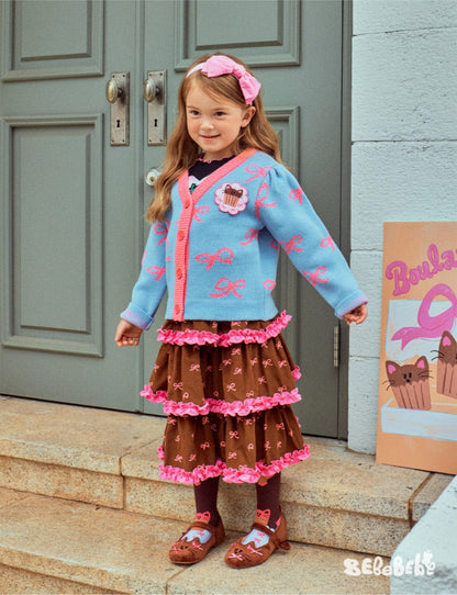 カーディガン・パーカー ニットリボン柄カーディガン/フリルティアードスカート【mh0010976】