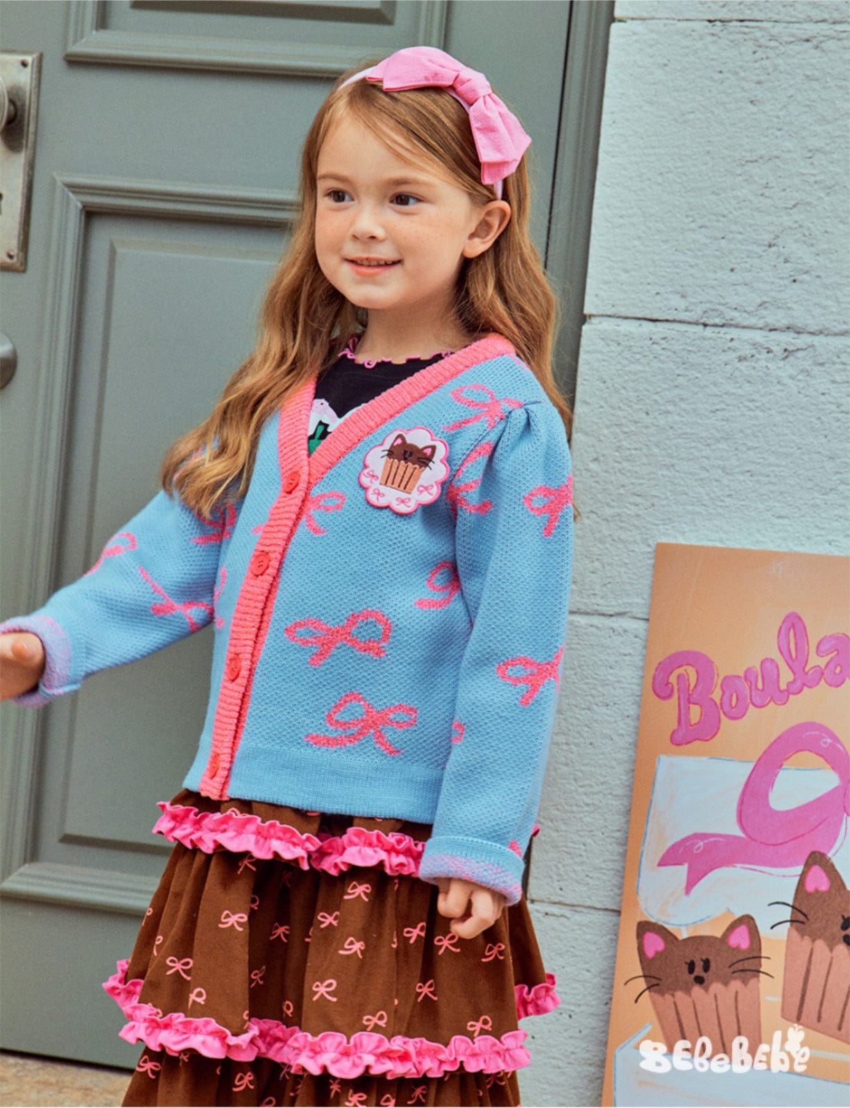 カーディガン・パーカー ニットリボン柄カーディガン/フリルティアードスカート【mh0010976】