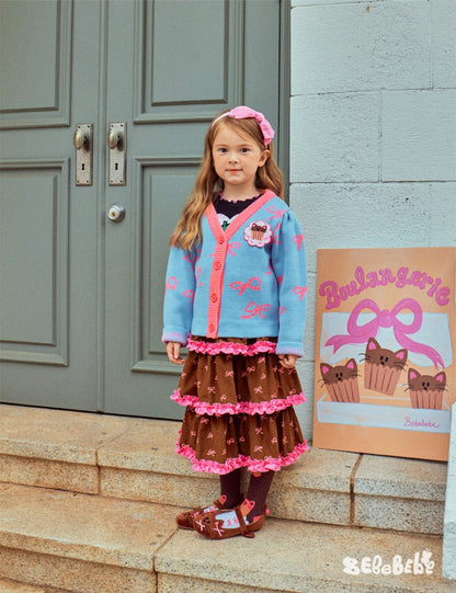 カーディガン・パーカー ニットリボン柄カーディガン/フリルティアードスカート【mh0010976】