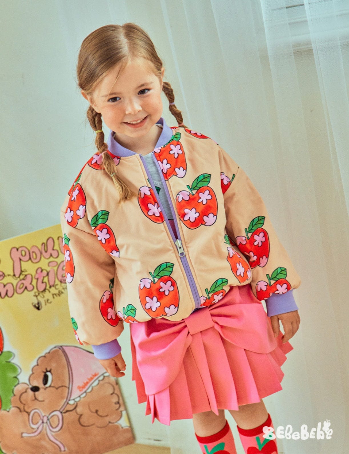 ショートコート・ジャケット・ジャンパー りんご柄リバーシブルブルゾン/くまプリントスウェットシャツ/プリーツスカート【mh0010979】