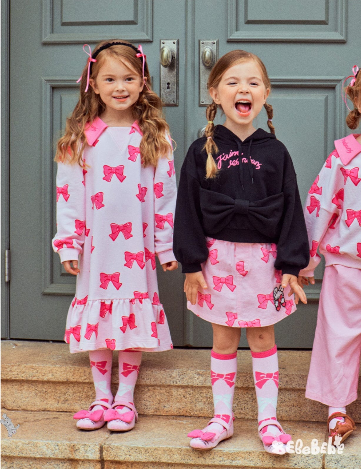 長袖ワンピース リボン柄ニットカーディガン/フリルティアードワンピース/リボン柄フリルスカート【mh0010981】