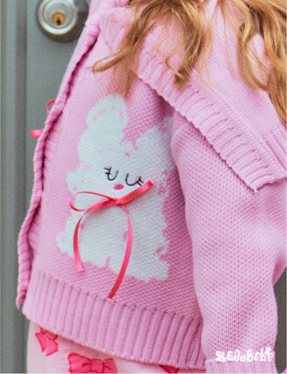 長袖ワンピース リボン柄ニットカーディガン/フリルティアードワンピース/リボン柄フリルスカート【mh0010981】