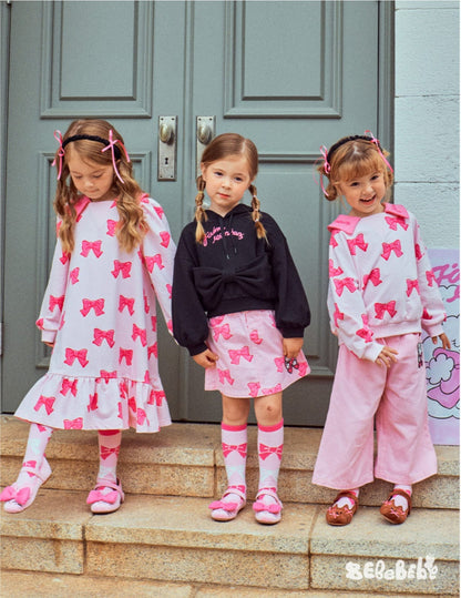 長袖ワンピース リボン柄ニットカーディガン/フリルティアードワンピース/リボン柄フリルスカート【mh0010981】