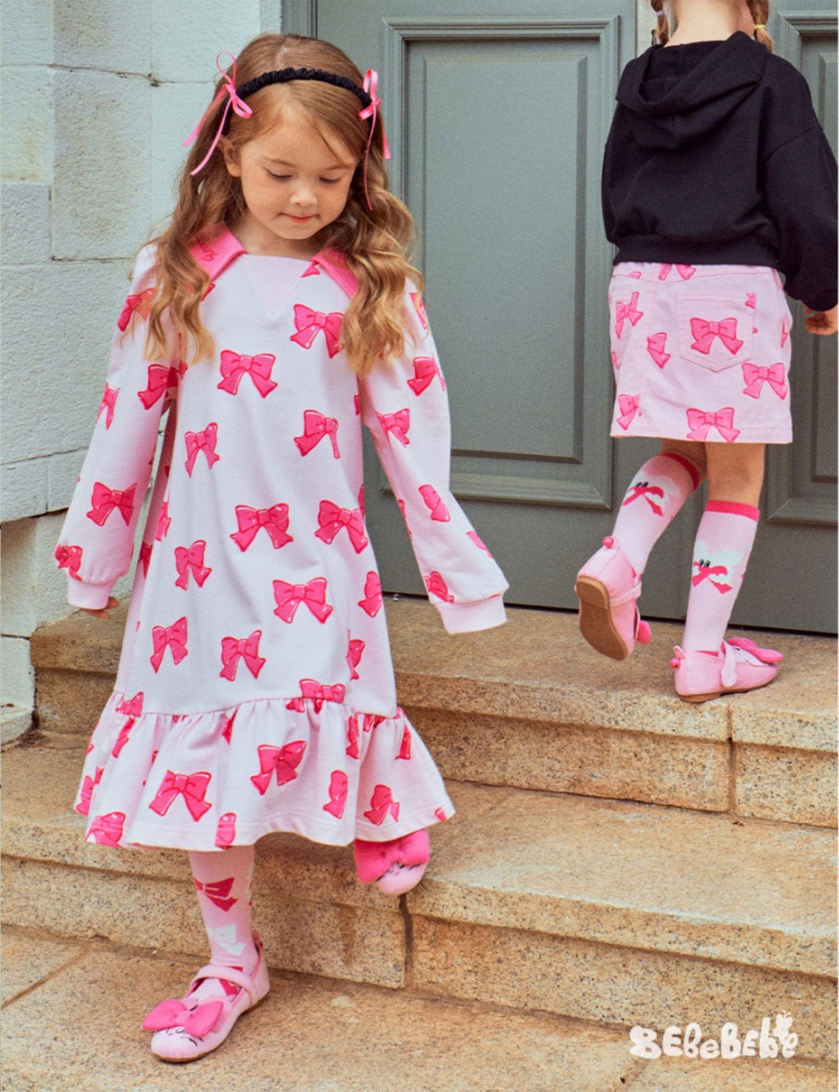 長袖ワンピース リボン柄ニットカーディガン/フリルティアードワンピース/リボン柄フリルスカート【mh0010981】