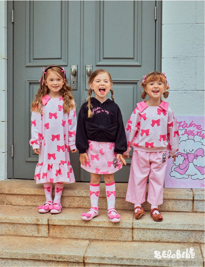 長袖ワンピース リボン柄長袖ワンピース/リボン柄クロップドパーカー/リボン柄スウェット/フリル付きミニスカート/ワイドパンツ【mh0010982】