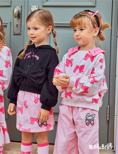 長袖ワンピース リボン柄長袖ワンピース/リボン柄クロップドパーカー/リボン柄スウェット/フリル付きミニスカート/ワイドパンツ【mh0010982】