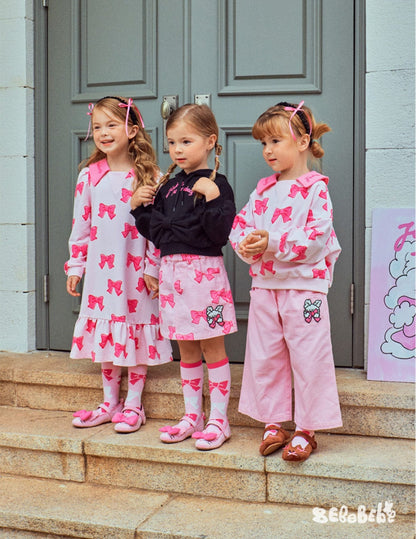 長袖ワンピース リボン柄長袖ワンピース/リボン柄クロップドパーカー/リボン柄スウェット/フリル付きミニスカート/ワイドパンツ【mh0010982】