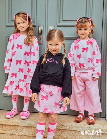 長袖ワンピース リボン柄長袖ワンピース/リボン柄クロップドパーカー/リボン柄スウェット/フリル付きミニスカート/ワイドパンツ【mh0010982】