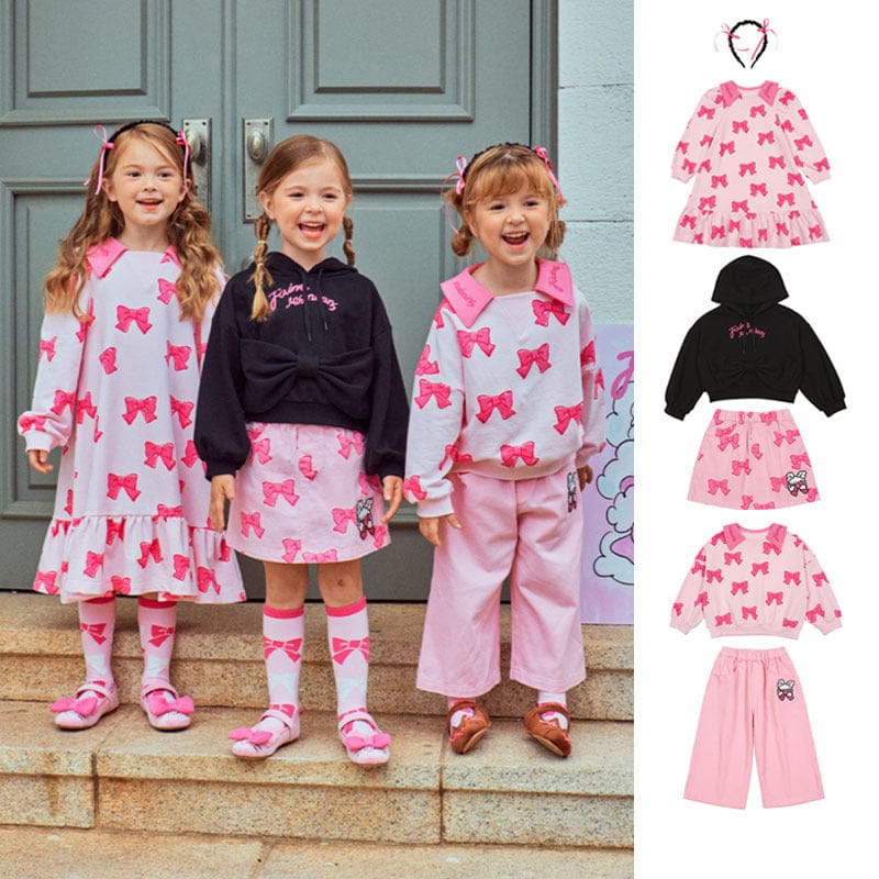 長袖ワンピース リボン柄長袖ワンピース/リボン柄クロップドパーカー/リボン柄スウェット/フリル付きミニスカート/ワイドパンツ【mh0010982】