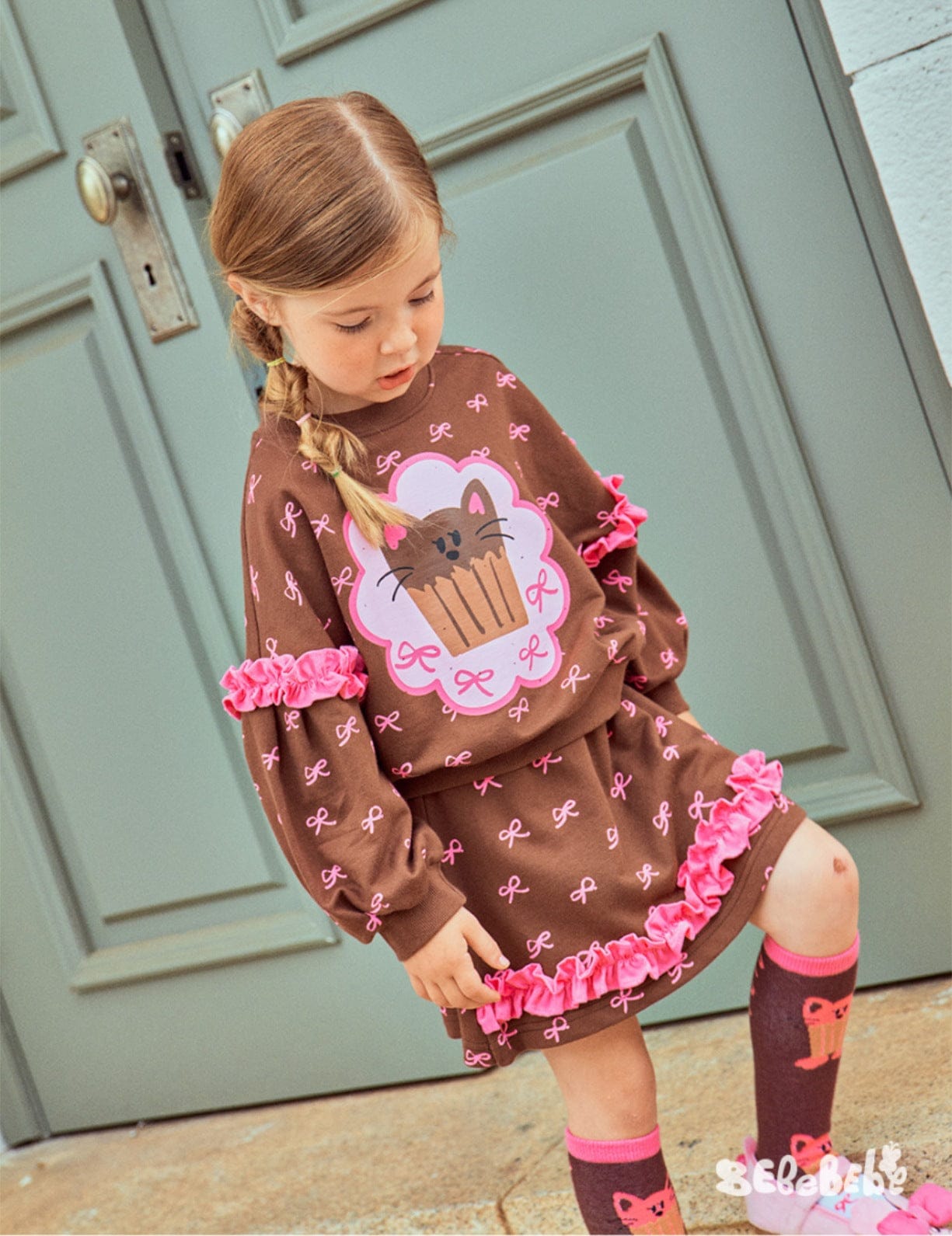 長袖セットアップ ねこ柄ジップアップパーカー/フリルスウェットシャツ/フリルキュロットスカート/スカート付きパンツ【mh0010983】