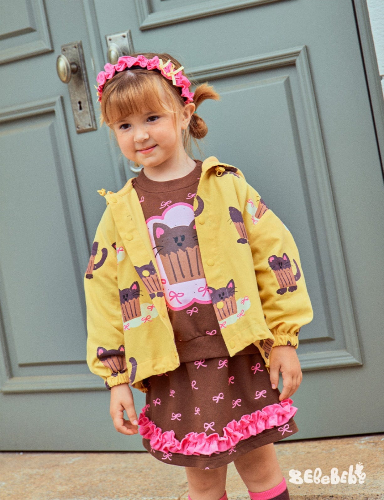 長袖セットアップ ねこ柄ジップアップパーカー/フリルスウェットシャツ/フリルキュロットスカート/スカート付きパンツ【mh0010983】