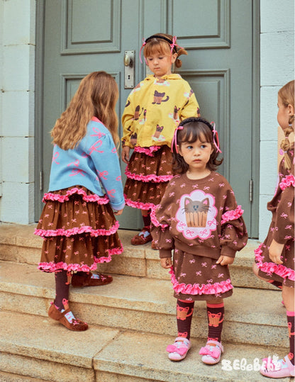 長袖セットアップ ねこ柄ジップアップパーカー/フリルスウェットシャツ/フリルキュロットスカート/スカート付きパンツ【mh0010983】