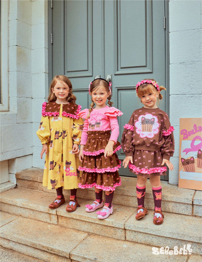 長袖セットアップ ねこ柄ジップアップパーカー/フリルスウェットシャツ/フリルキュロットスカート/スカート付きパンツ【mh0010983】