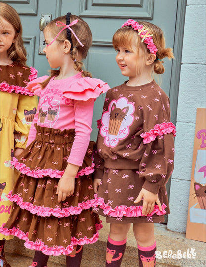 長袖セットアップ ねこ柄ジップアップパーカー/フリルスウェットシャツ/フリルキュロットスカート/スカート付きパンツ【mh0010983】