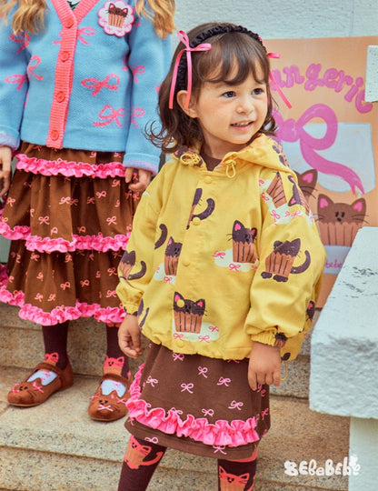 長袖セットアップ ねこ柄ジップアップパーカー/フリルスウェットシャツ/フリルキュロットスカート/スカート付きパンツ【mh0010983】