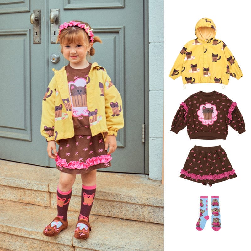 長袖セットアップ ねこ柄ジップアップパーカー/フリルスウェットシャツ/フリルキュロットスカート/スカート付きパンツ【mh0010983】