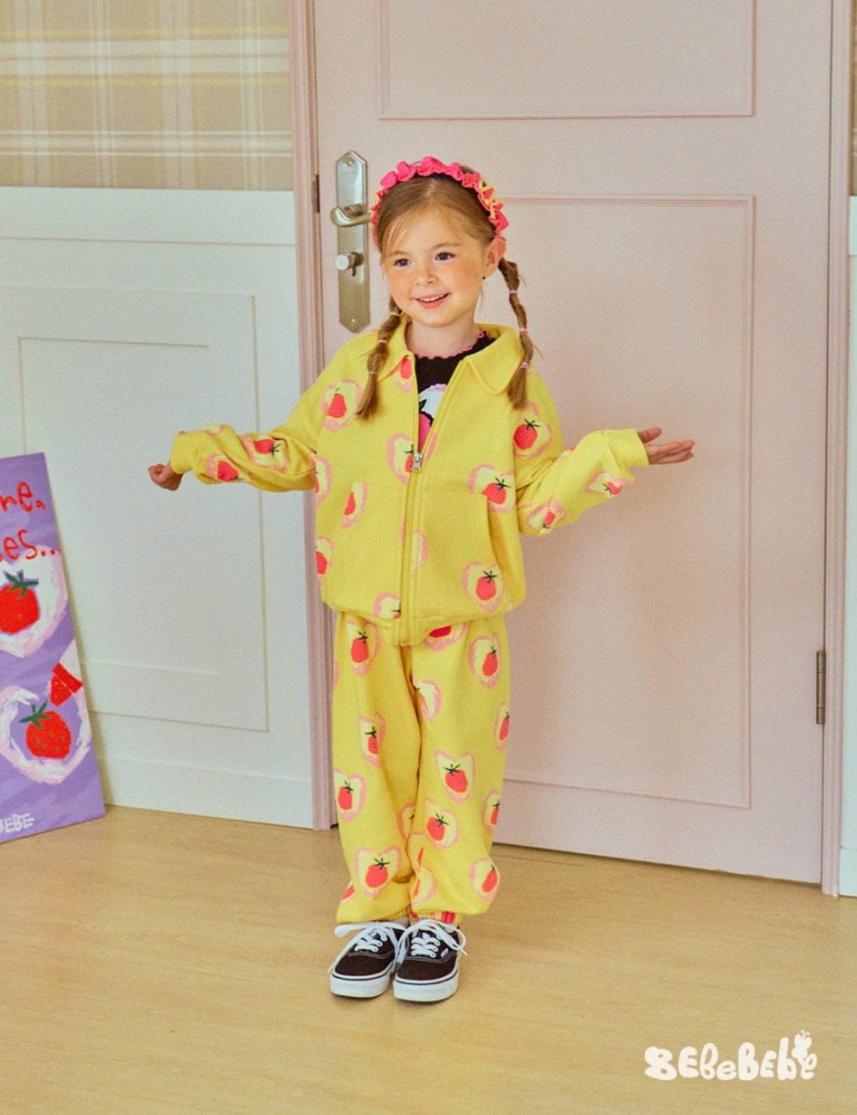 長袖セットアップ ハートストロベリー柄ジップアップパーカー/スウェットシャツ/ジョガーパンツセットアップ【mh0010986】