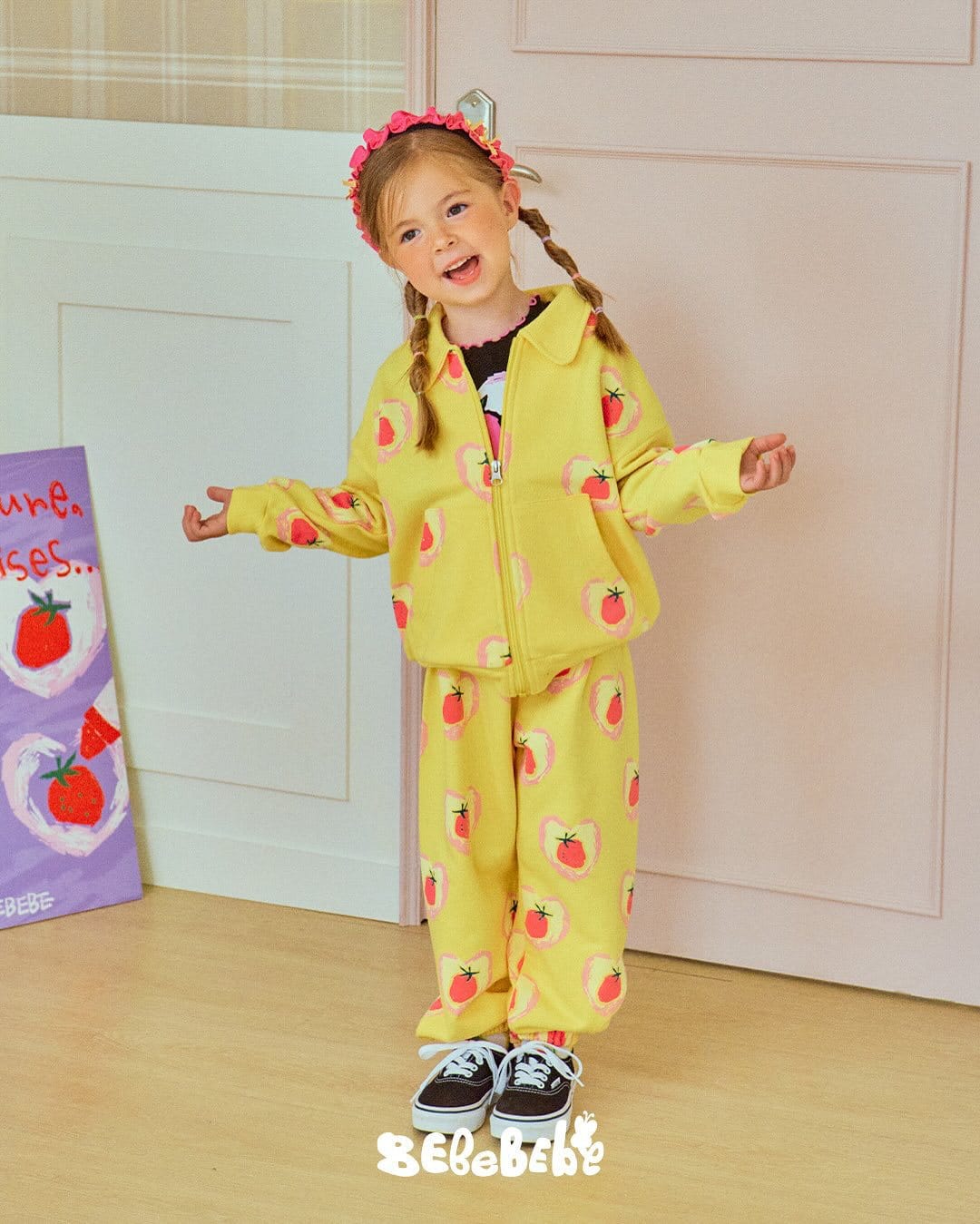 長袖セットアップ ハートストロベリー柄ジップアップパーカー/スウェットシャツ/ジョガーパンツセットアップ【mh0010986】