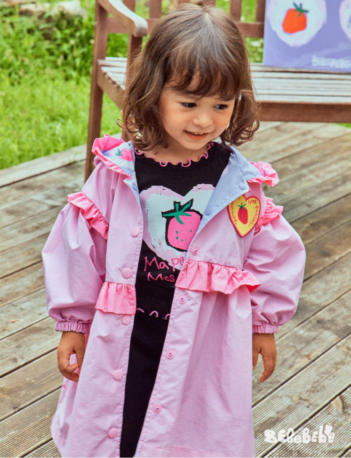 ロングコート ストロベリー柄リバーシブルコート/フリルワンピース/フリルレギンスセットアップ【mh0010987】