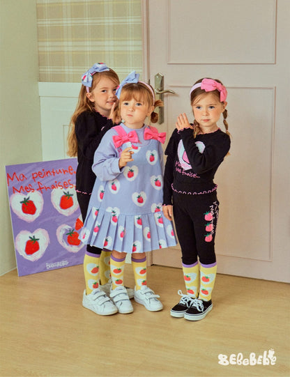 ノースリーブワンピース いちごプリント長袖トップス/フリルレギンス/フリルワンピース/ノースリーブプリーツワンピース【mh0010988】