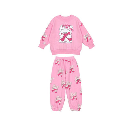 長袖セットアップ pink bow kitten sweatshirt sweatshirt set / 90cm リボン柄ビッグカラー長袖スウェット/フリル付きミニスカートセットアップ 2点セット【mh0010980】